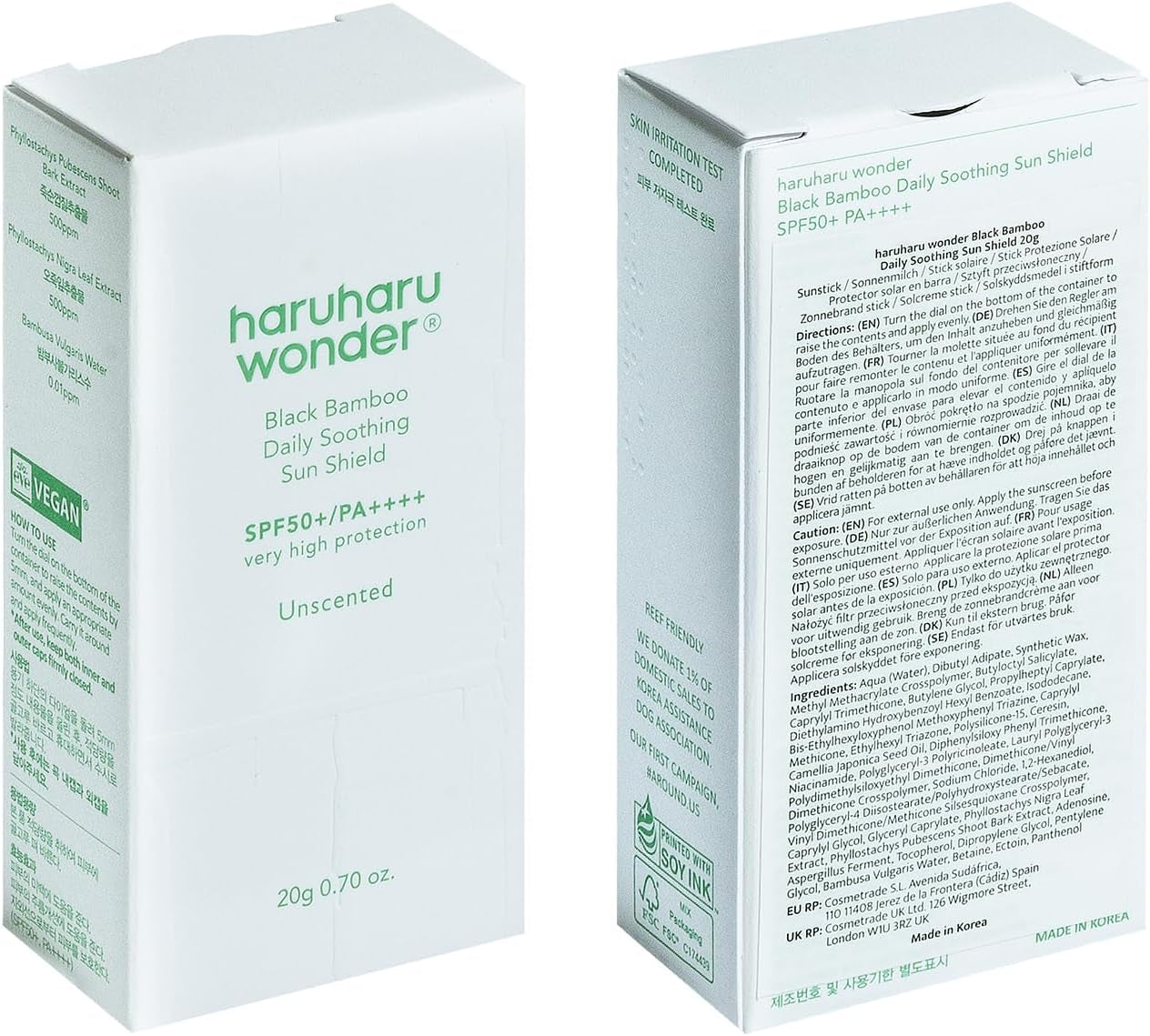 Wonder Black Bamboo Daily Soothing Sun Shield, SPF 50+ PA++++, UVA & UVB Protection, Lightweight, Pocket-Sized, No White Cast, for Face & Body, Korean Sunscreen, Sun Cream Stick, Vegan, 20G