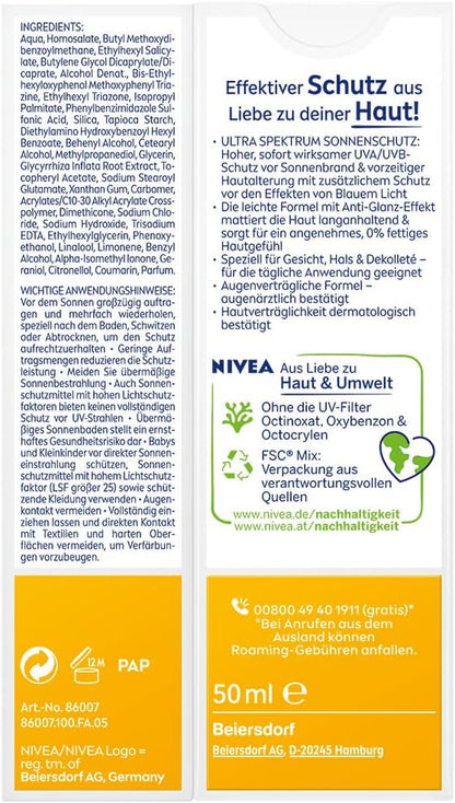 NIVEA SUN Face Cream SPF 50 - Ultimate Sun Protection & Mattifying Finish in a 50ml Tube