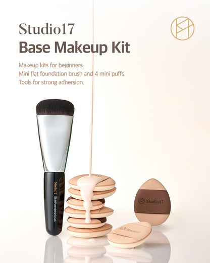 Flat Foundation Brush & Small Puff Set | Small Makeup Brush Set with 4 Mini Sized Puffs | Kit for Liquid Foundation Makeup for Base | 0.06Mm Micro Synthetic Bristle & Case Pack Included