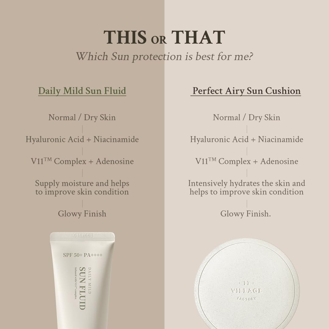 [VILLAGE 11 FACTORY] DAILY MILD SUN FLUID 50+ PA++++ (50Ml) Korean Skin Care - Liquid and Light Sun Cream - Protects against UV Radiation - Brightens the Complexion - Moisturises - Anti-Ageing