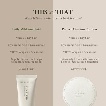 [VILLAGE 11 FACTORY] DAILY MILD SUN FLUID 50+ PA++++ (50Ml) Korean Skin Care - Liquid and Light Sun Cream - Protects against UV Radiation - Brightens the Complexion - Moisturises - Anti-Ageing