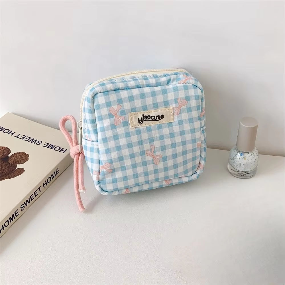 Korean Version Simple Square Bow Plaid Mouth Red Envelope Portable Cosmetic Change Storage Bag