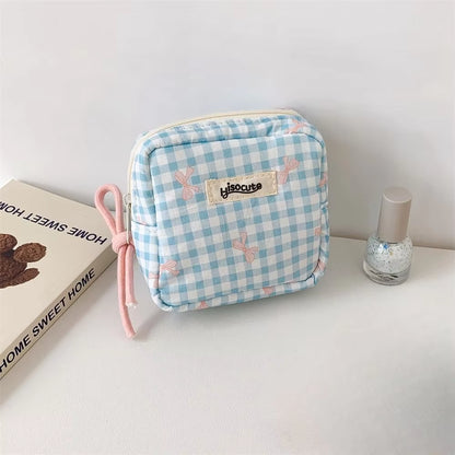 Korean Version Simple Square Bow Plaid Mouth Red Envelope Portable Cosmetic Change Storage Bag