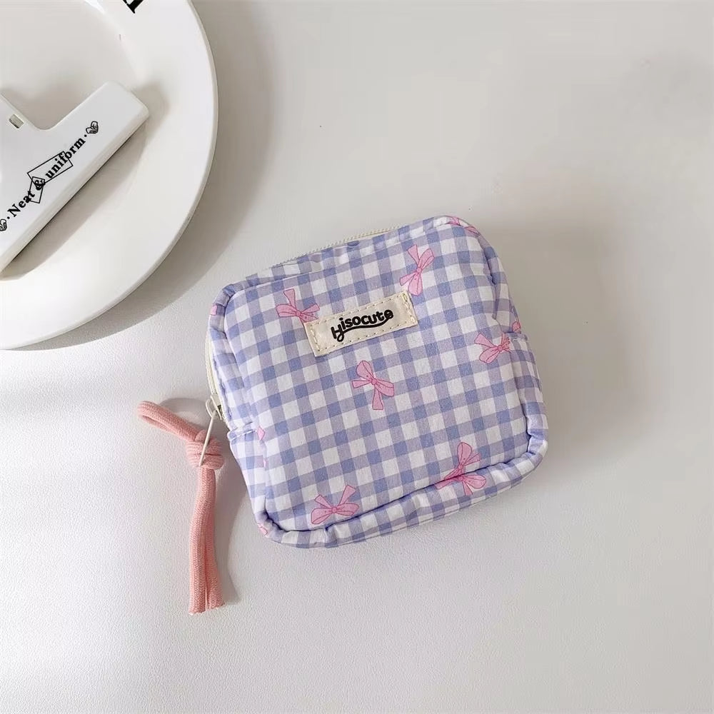 Korean Version Simple Square Bow Plaid Mouth Red Envelope Portable Cosmetic Change Storage Bag