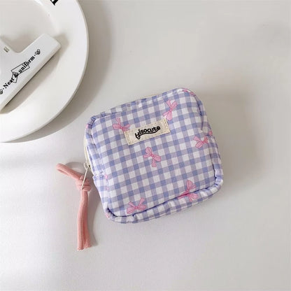 Korean Version Simple Square Bow Plaid Mouth Red Envelope Portable Cosmetic Change Storage Bag