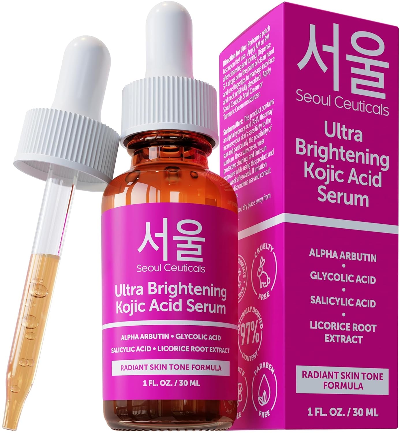Korean Skin Care Kojic Acid Serum Alpha Arbutin – Dark Spot Remover Corrector Glycolic Acid + Salicylic Acid K Beauty 1Oz