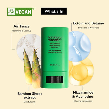Wonder Black Bamboo Daily Soothing Sun Shield, SPF 50+ PA++++, UVA & UVB Protection, Lightweight, Pocket-Sized, No White Cast, for Face & Body, Korean Sunscreen, Sun Cream Stick, Vegan, 20G