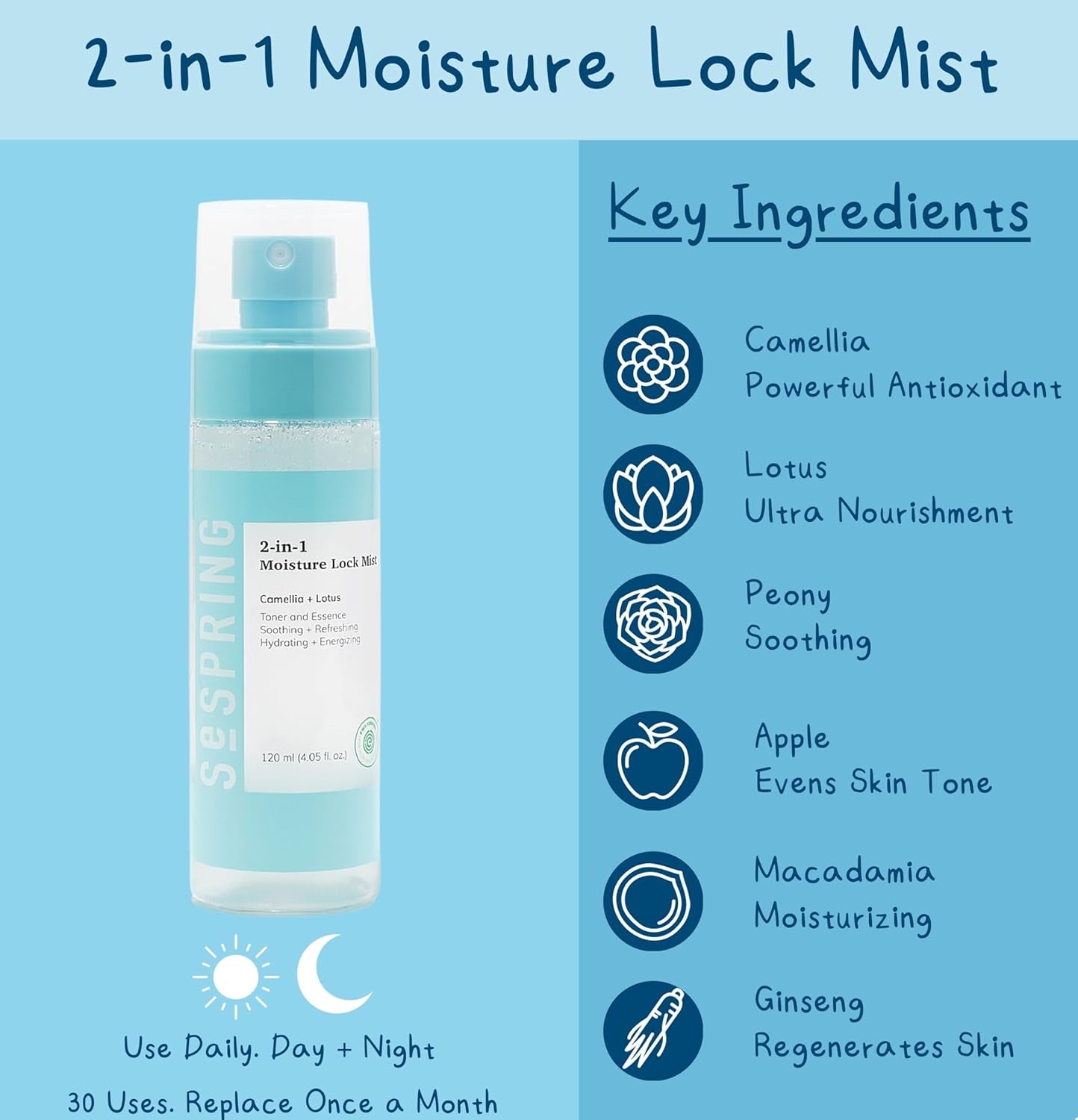 2-In-1 Moisture Lock Mist, Facial Toner & Essence, Korean Skin Care, Formulated with Camellia and Lotus, Korean Toner, Clean Beauty, Vegan, Cruelty Free, and Paraben Free (4.05 Fl Oz)