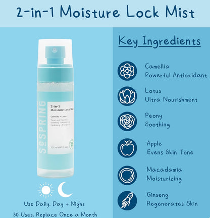 2-In-1 Moisture Lock Mist, Facial Toner & Essence, Korean Skin Care, Formulated with Camellia and Lotus, Korean Toner, Clean Beauty, Vegan, Cruelty Free, and Paraben Free (4.05 Fl Oz)
