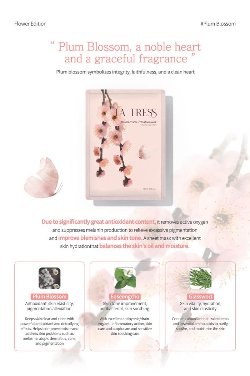 Plum Blossom Hydrating Korean Face Mask, Korean Beauty Skin Care (5 Sheets)