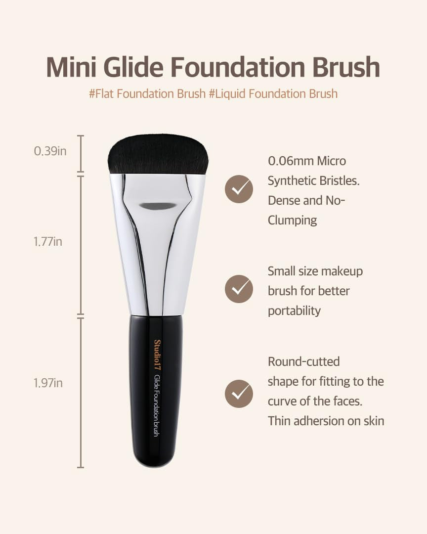 Flat Foundation Brush & Small Puff Set | Small Makeup Brush Set with 4 Mini Sized Puffs | Kit for Liquid Foundation Makeup for Base | 0.06Mm Micro Synthetic Bristle & Case Pack Included