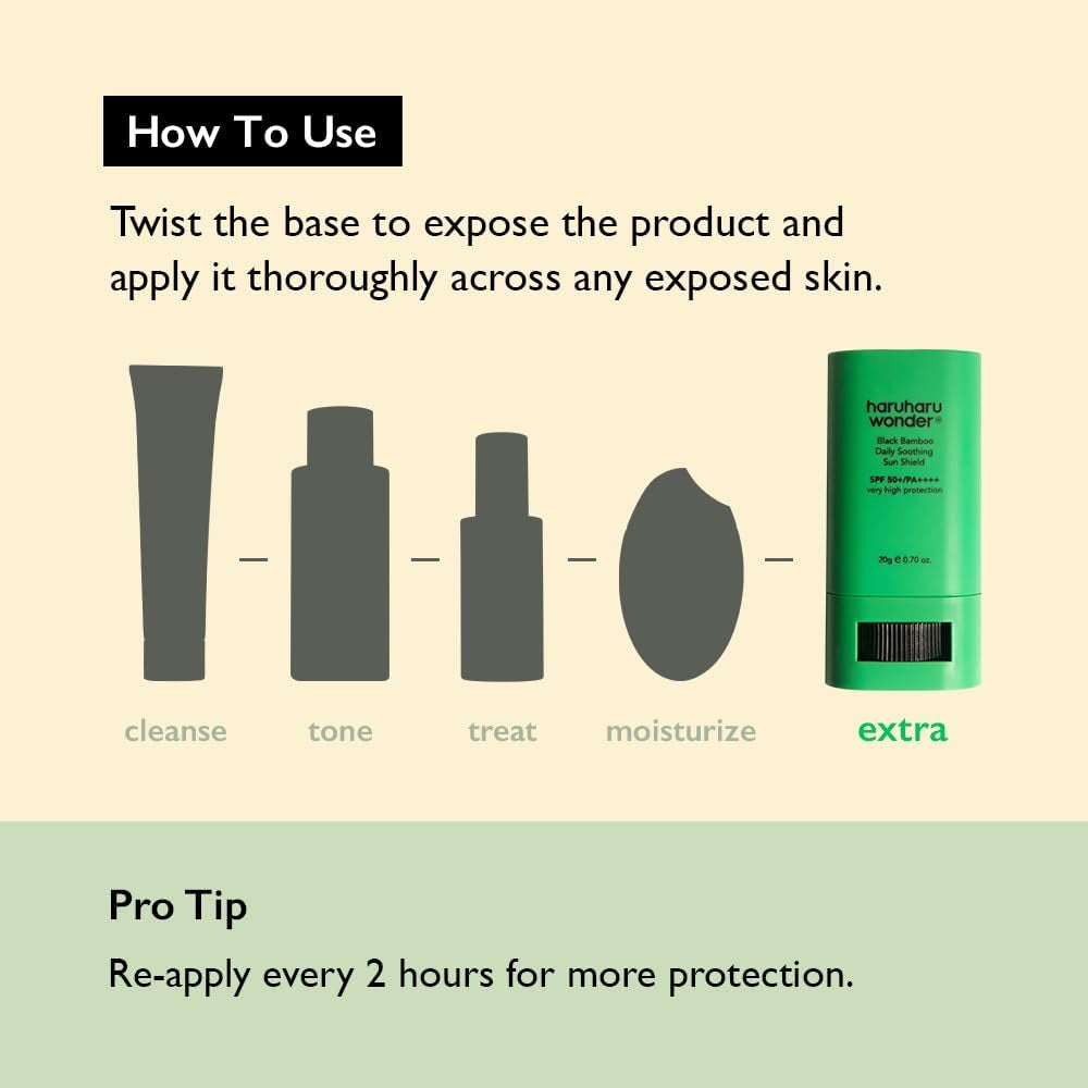 Wonder Black Bamboo Daily Soothing Sun Shield, SPF 50+ PA++++, UVA & UVB Protection, Lightweight, Pocket-Sized, No White Cast, for Face & Body, Korean Sunscreen, Sun Cream Stick, Vegan, 20G