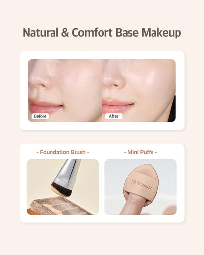 Flat Foundation Brush & Small Puff Set | Small Makeup Brush Set with 4 Mini Sized Puffs | Kit for Liquid Foundation Makeup for Base | 0.06Mm Micro Synthetic Bristle & Case Pack Included