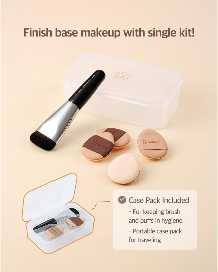Flat Foundation Brush & Small Puff Set | Small Makeup Brush Set with 4 Mini Sized Puffs | Kit for Liquid Foundation Makeup for Base | 0.06Mm Micro Synthetic Bristle & Case Pack Included