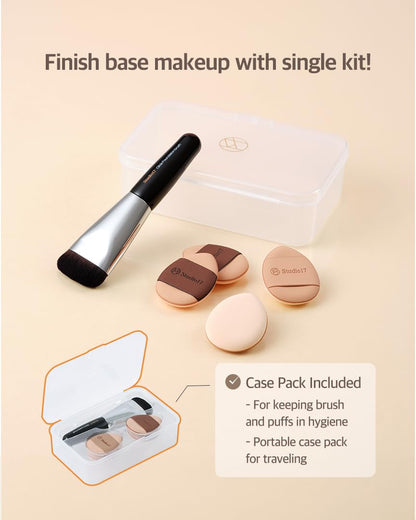 Flat Foundation Brush & Small Puff Set | Small Makeup Brush Set with 4 Mini Sized Puffs | Kit for Liquid Foundation Makeup for Base | 0.06Mm Micro Synthetic Bristle & Case Pack Included