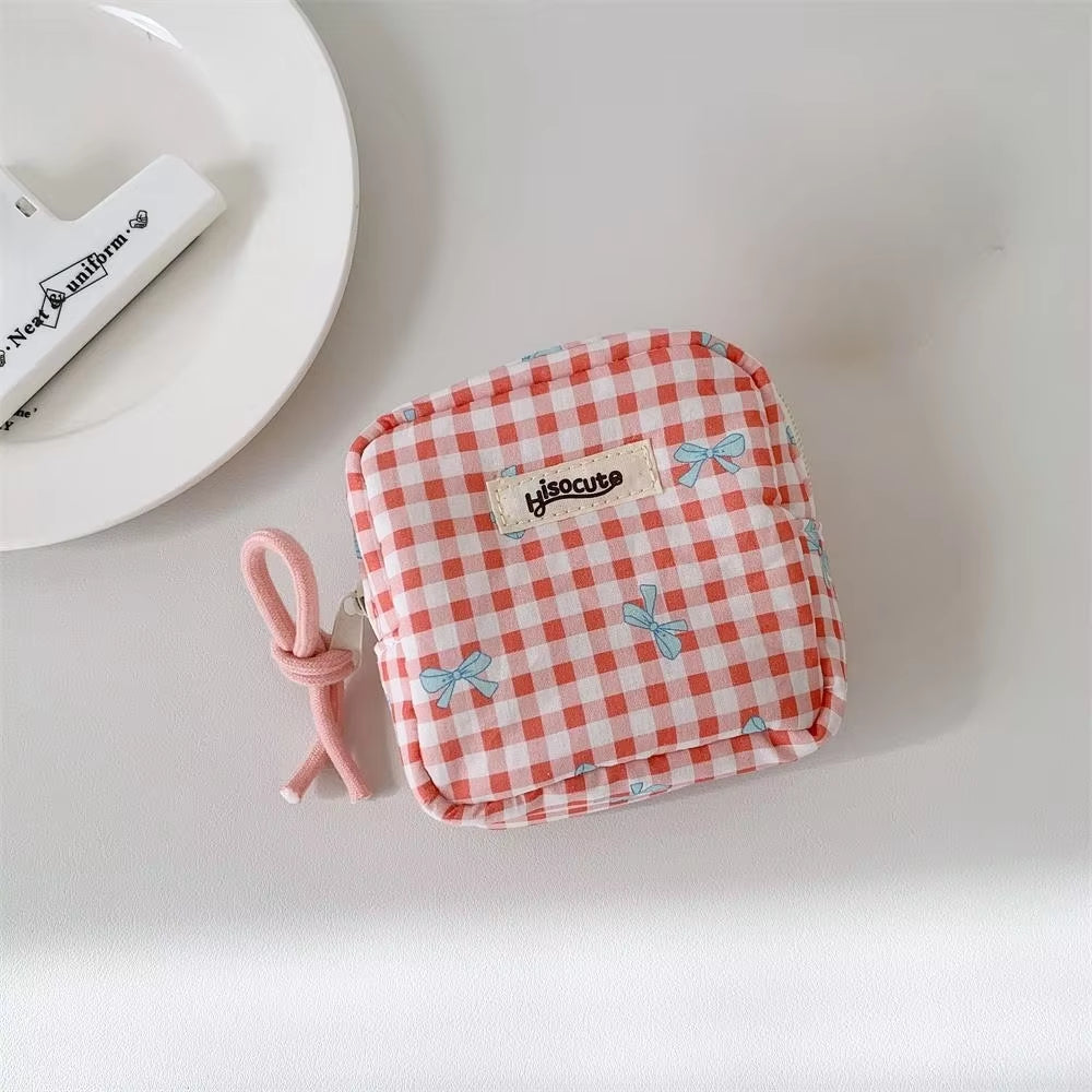 Korean Version Simple Square Bow Plaid Mouth Red Envelope Portable Cosmetic Change Storage Bag