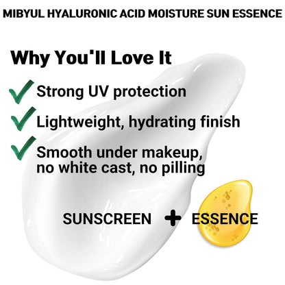 [] MIBYUL HYALURONIC ACID MOISTURE SUN ESSENCE, SPF 50, PA++++, 50Ml, Korean Vegan Sunscreen with a Moist and Smooth Application