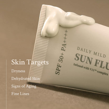 [VILLAGE 11 FACTORY] DAILY MILD SUN FLUID 50+ PA++++ (50Ml) Korean Skin Care - Liquid and Light Sun Cream - Protects against UV Radiation - Brightens the Complexion - Moisturises - Anti-Ageing