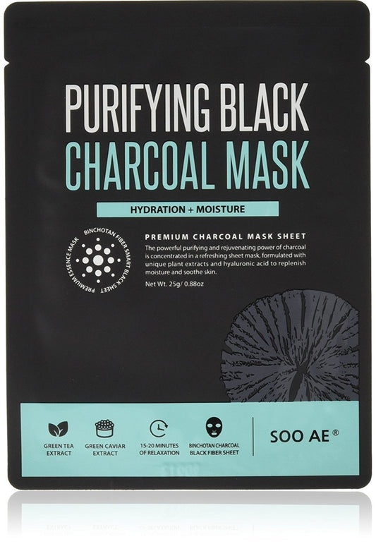 Soo Ae Soo'Ae Purifying Black Charcoal Mask - 5 Pcs Detox Hydrating Moisturizing Sheet Mask All Skin Type  Binchotan Charcoal Black Sheet Mask Skincare Brightening Hyaluronic Acid Made in Korea