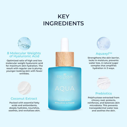 AQUA Filler-Effect Hyaluron Supreme Facial Serum with 8 Types of Hyaluronic Acid and Aquaxyl™, Vegan Anti-Age Day Care with Ultra Hydration