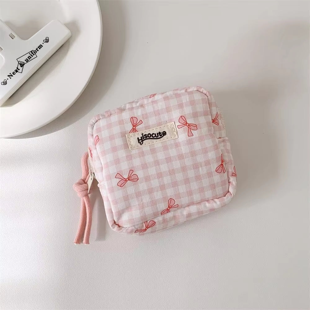 Korean Version Simple Square Bow Plaid Mouth Red Envelope Portable Cosmetic Change Storage Bag
