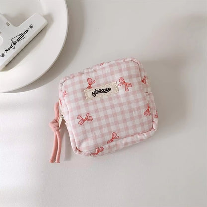 Korean Version Simple Square Bow Plaid Mouth Red Envelope Portable Cosmetic Change Storage Bag