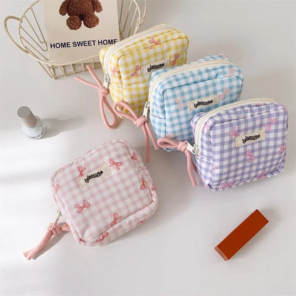 Korean Version Simple Square Bow Plaid Mouth Red Envelope Portable Cosmetic Change Storage Bag