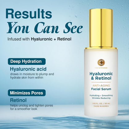 Hyaluronic Acid Serum for Face - Dermatologist Tested Hya & Retinol Ultra Hydrating Serum - Anti-Aging, Radiant Glowing Complexion, Wrinkle Reduction - Clean Beauty Korean Skin Care