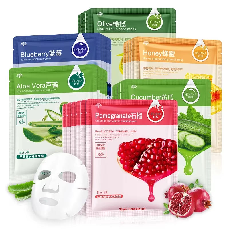 30Pcs Natural Plant Facial Mask Moisturizing Oil Control Anti-Aging Fruit Aloe Korean Sheet Face Mask Beauty Skin Care Prodcuts