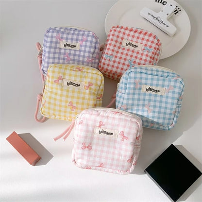 Korean Version Simple Square Bow Plaid Mouth Red Envelope Portable Cosmetic Change Storage Bag