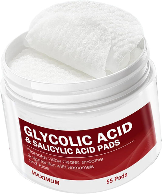 Salicylic & Glycolic Acid Cleansing Pads - Exfoliating Face Pads - Acne Treatment - Reduce Dark Spots, Even Skin Tone (Pack of 55)